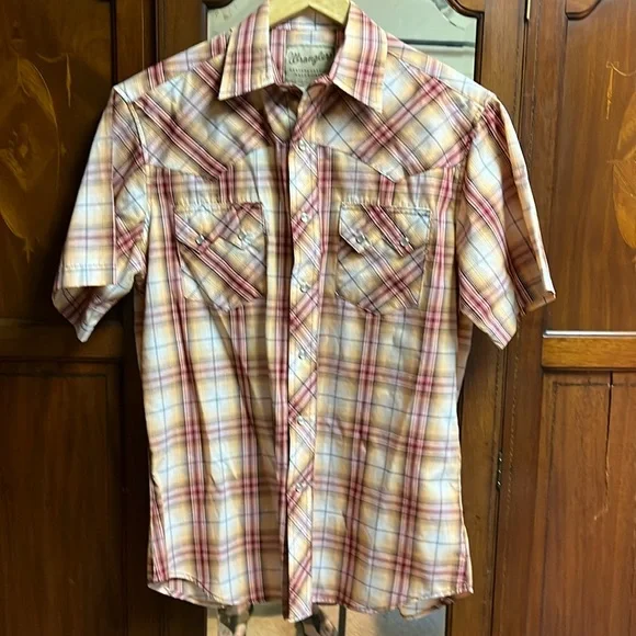 Wrangler western pearl snap shirt, men’s medium plaid short sleeve - Picture 1 of 6